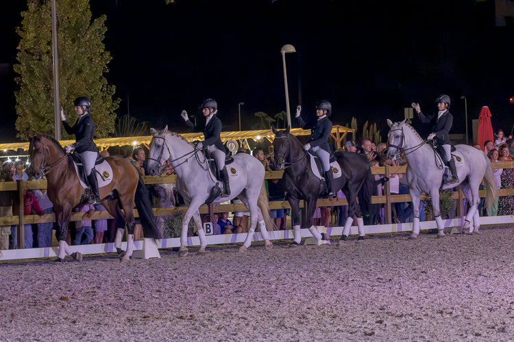 Four equestrians on horseback ride in a nighttime event at an arena, with spectators visible behind a fence in the background.