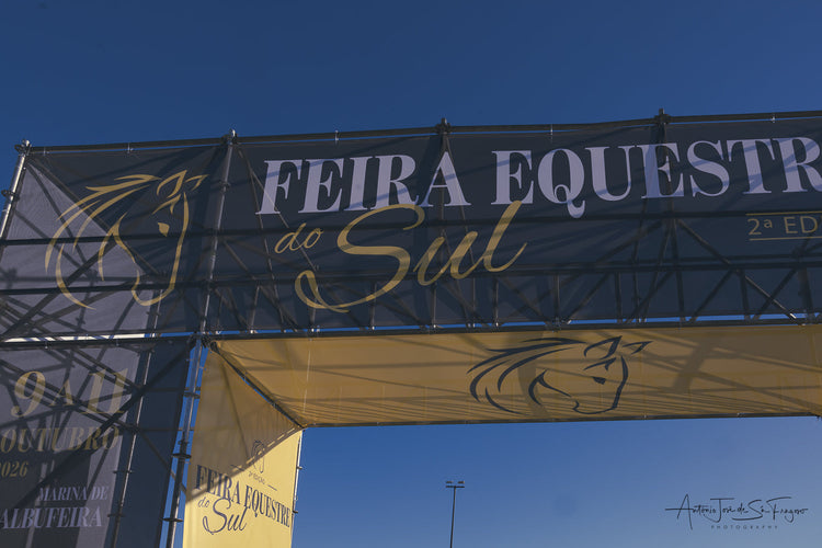 A large outdoor banner and archway for 'Feira Equestria do Sul' with white and gold lettering on a dark blue fabric, supported by a metal truss structure against a clear blue sky.