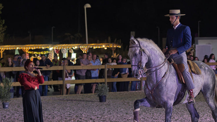A man in a portugueses traditional hat rides a dappled gray horse during an evening event, with a crowd of spectators visible behind a wooden fence in the background.
