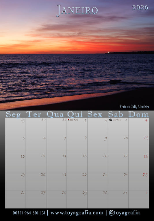 Calendar for January 2026 with a beach sunset background in Algarve, Portugal