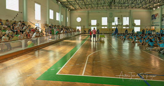Indoor sports hall with a basketball court, spectators, and sports equipment.