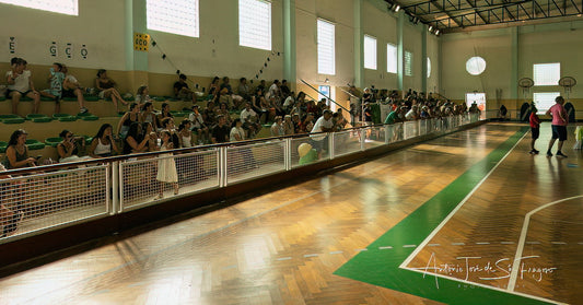 Indoor sports facility with basketball court and spectators