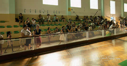 People sitting in bleachers in a gymnasium with green walls and wooden floor.
