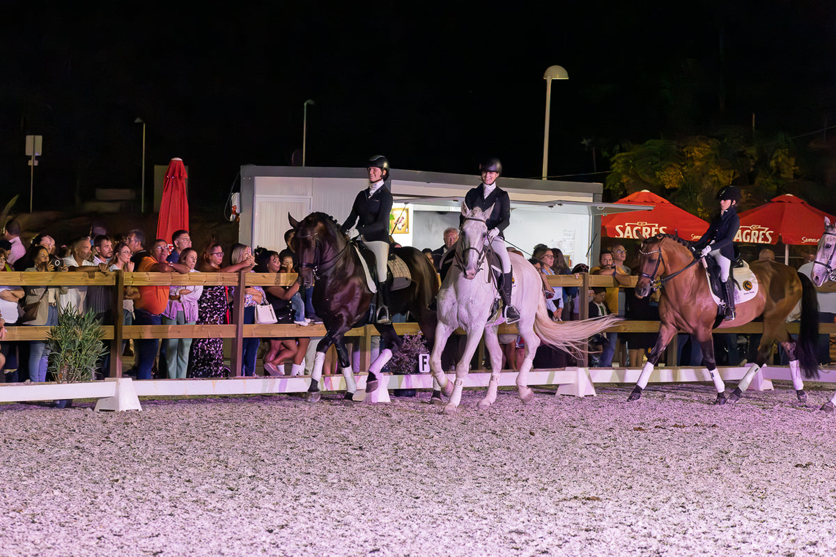 Three horse riders on horseback compete in a night equestrian event, riding a dark brown horse, a light gray horse, and a chestnut brown horse on a sandy arena. Spectators watch from behind a wooden fence, with event tents and a white trailer in the background.
