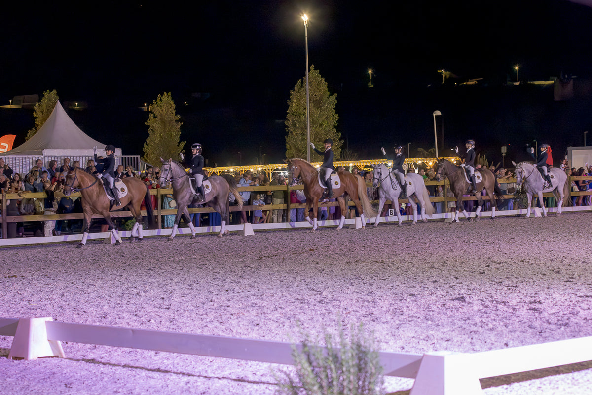 A nighttime equestrian event scene showing a line of riders on horseback in an outdoor arena, with spectators behind barriers and bright stadium lights overhead.