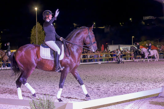 A rider in equestrian attire sits atop a dark brown horse in an outdoor riding arena at night, with spectators and other horses visible in the background.