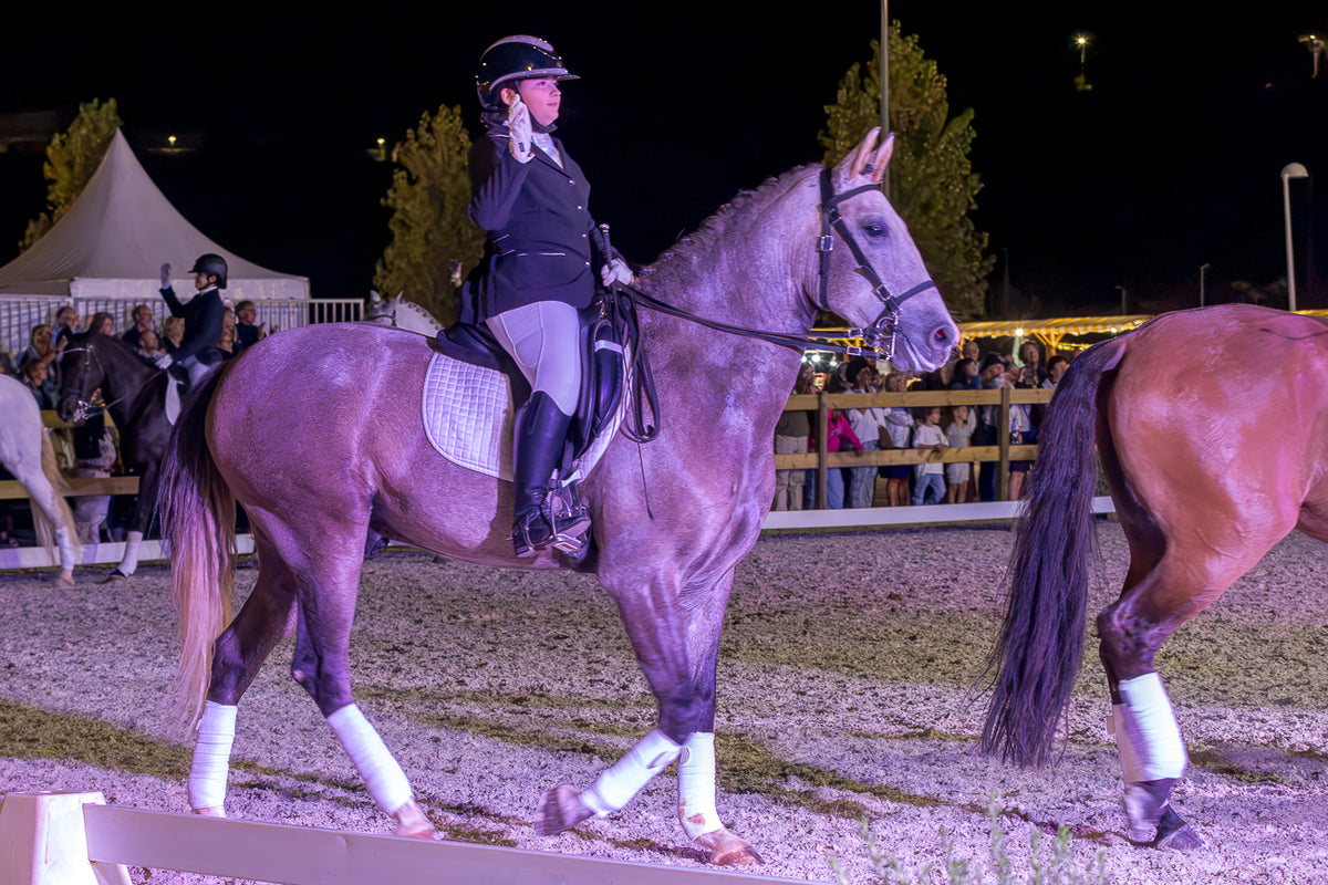 A person in equestrian attire rides a gray horse in an outdoor night event arena, with spectators and other horses visible in the background and foreground.
