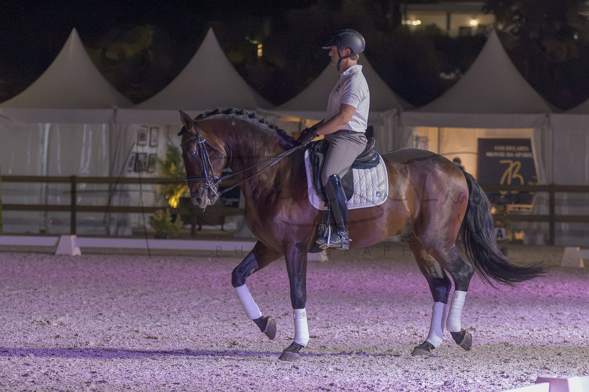 A horse rider in equestrian attire rides a brown horse across an indoor arena at night, with white tents and dark fencing visible in the background.