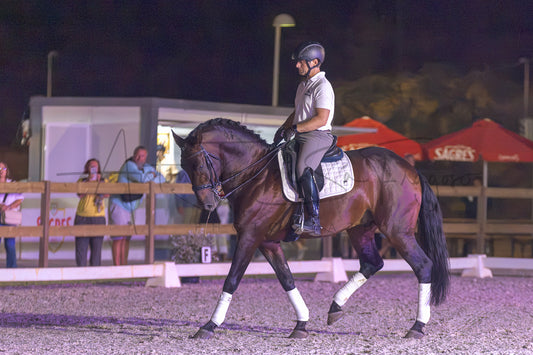 A dark brown horse with white leg wraps is being ridden in an equestrian arena at night under stadium lights, with spectators and red umbrellas visible in the background.
