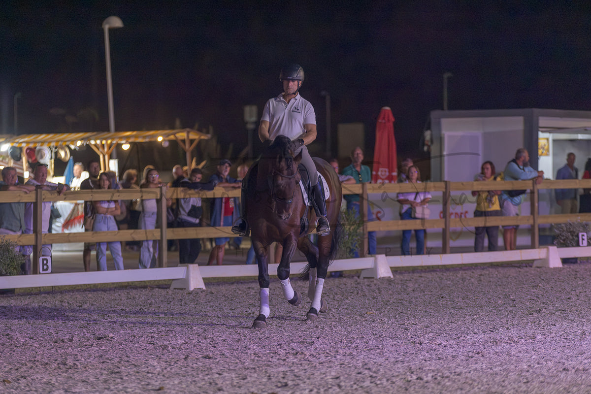 A rider on a dark brown horse performs a dressage pass in a nighttime equestrian arena, with spectators visible behind wooden fences in the background.