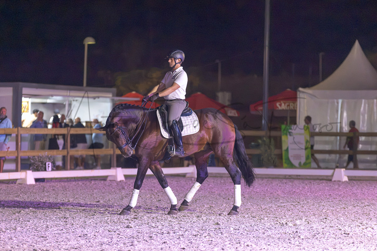 A dark brown horse with white leg wraps is being ridden by a person in equestrian attire inside an outdoor night equestrian arena, with tents and spectators visible in the background.