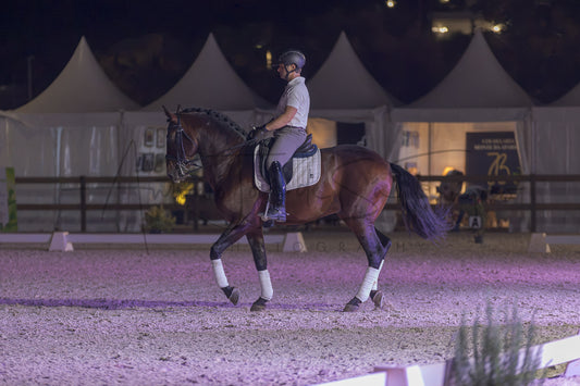 A rider on a dark brown horse performs a turn in an equestrian arena at night under artificial lighting. White tents are visible in the background, and the horse wears leg wraps.