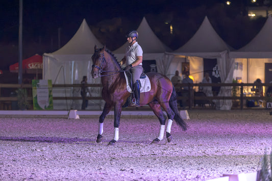 A dark brown horse with white leg wraps is being ridden by a person in equestrian attire inside an outdoor riding arena at night under purple lighting, with event tents visible in the background.