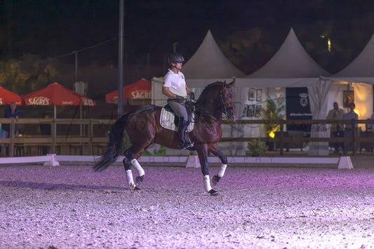 A dark brown horse with white leg wraps is being ridden by a person in equestrian gear inside an outdoor arena at night under event lighting. Tents and red Sagres umbrellas are visible in the background.