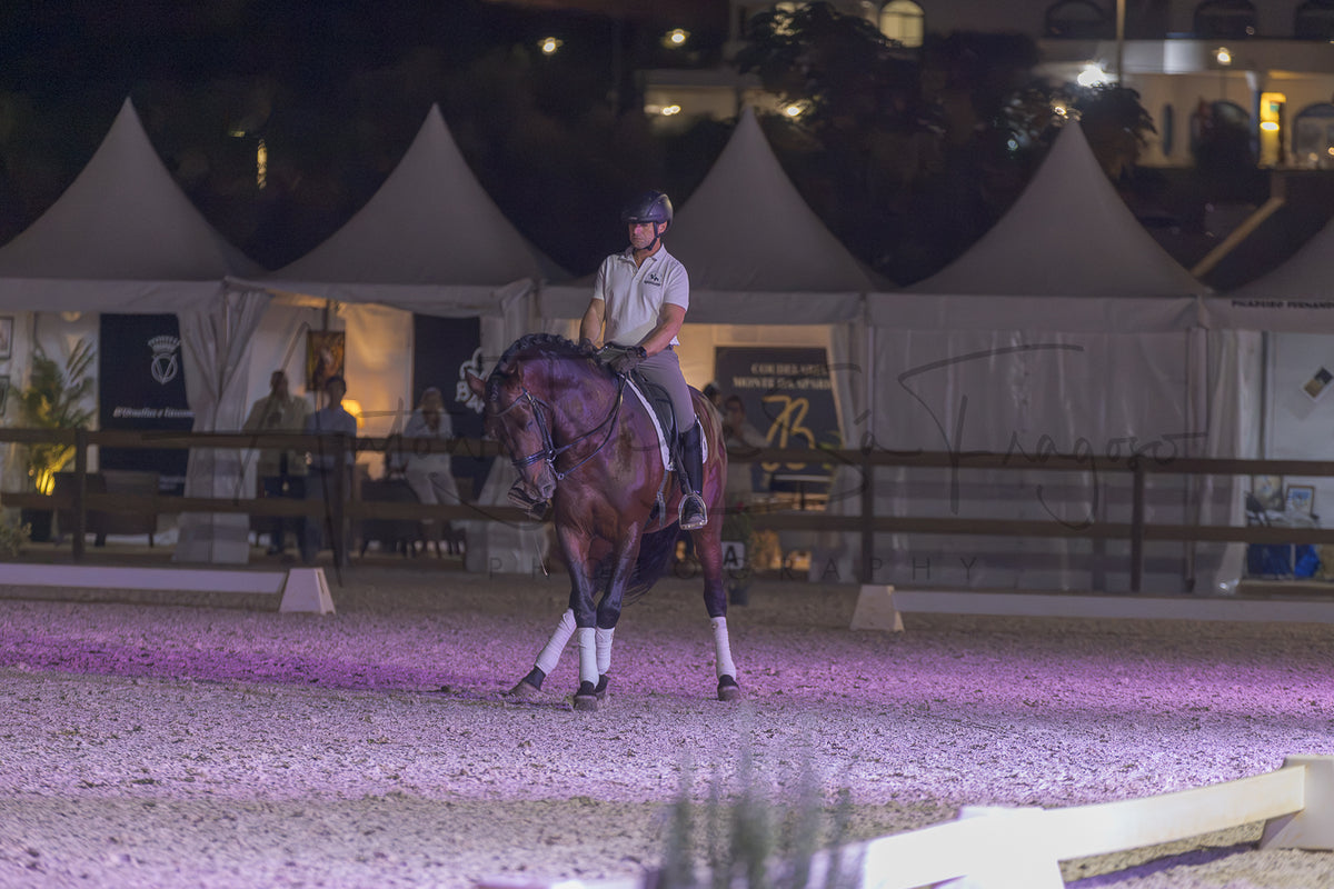 A rider on a dark brown horse inside an equestrian arena at night, with white tents and event lighting in the background.