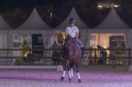 A rider in equestrian attire sits on a dark brown horse within an outdoor riding arena at night. The arena floor is illuminated by purple lighting, with white event tents and event signage visible in the background.