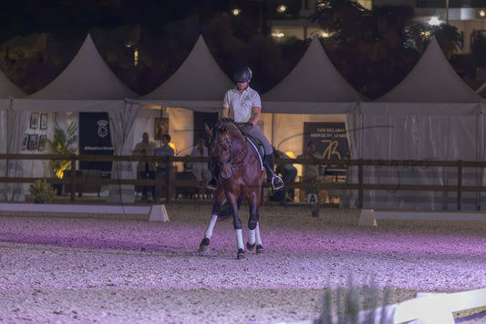 A rider on a dark brown horse performs a turn in an equestrian arena at night under artificial lighting, with white event tents and spectators visible in the background.