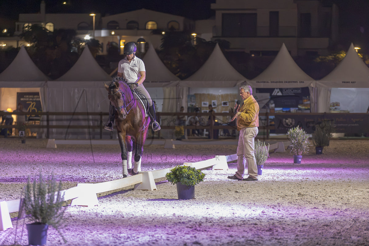 A horse riding event at night in an arena, with a rider on a brown horse facing a judge holding a microphone. White tents and buildings are visible in the background under artificial lighting.