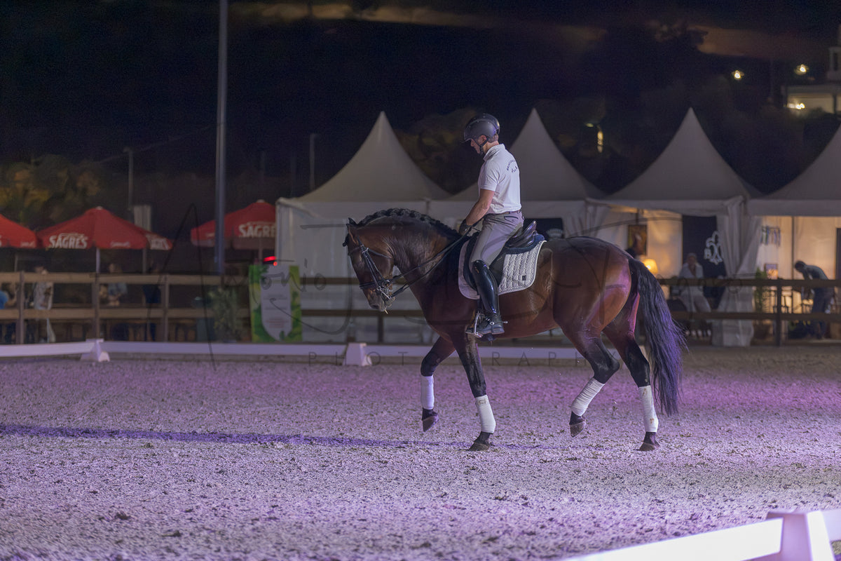 A dark brown horse with white leg wraps is being ridden by a person in equestrian attire inside an outdoor arena at night under artificial lighting. Tents and event structures are visible in the background.