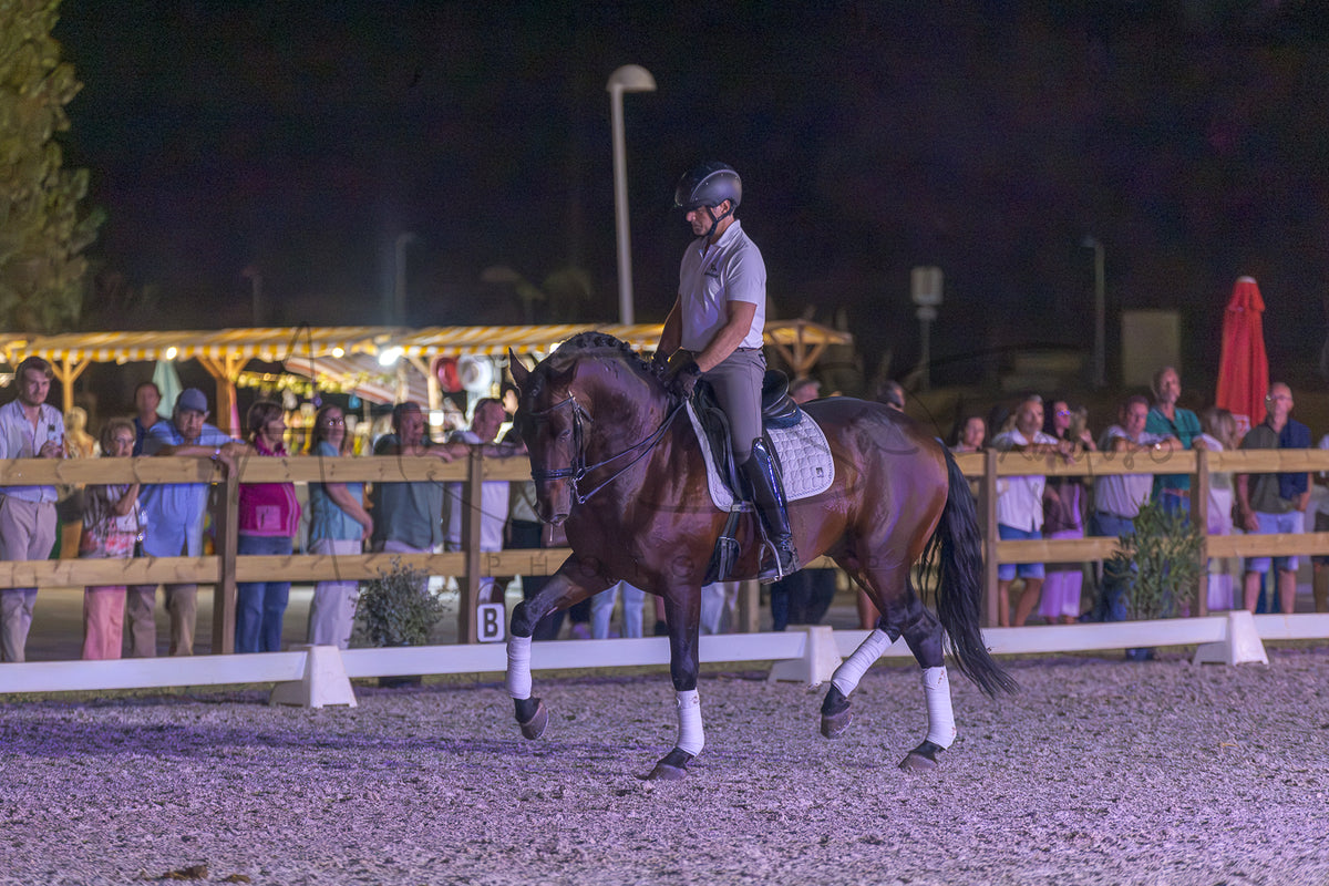 A dark brown horse with white leg wraps is being ridden by a man in equestrian attire inside an outdoor night arena, with spectators visible behind a wooden fence in the background.