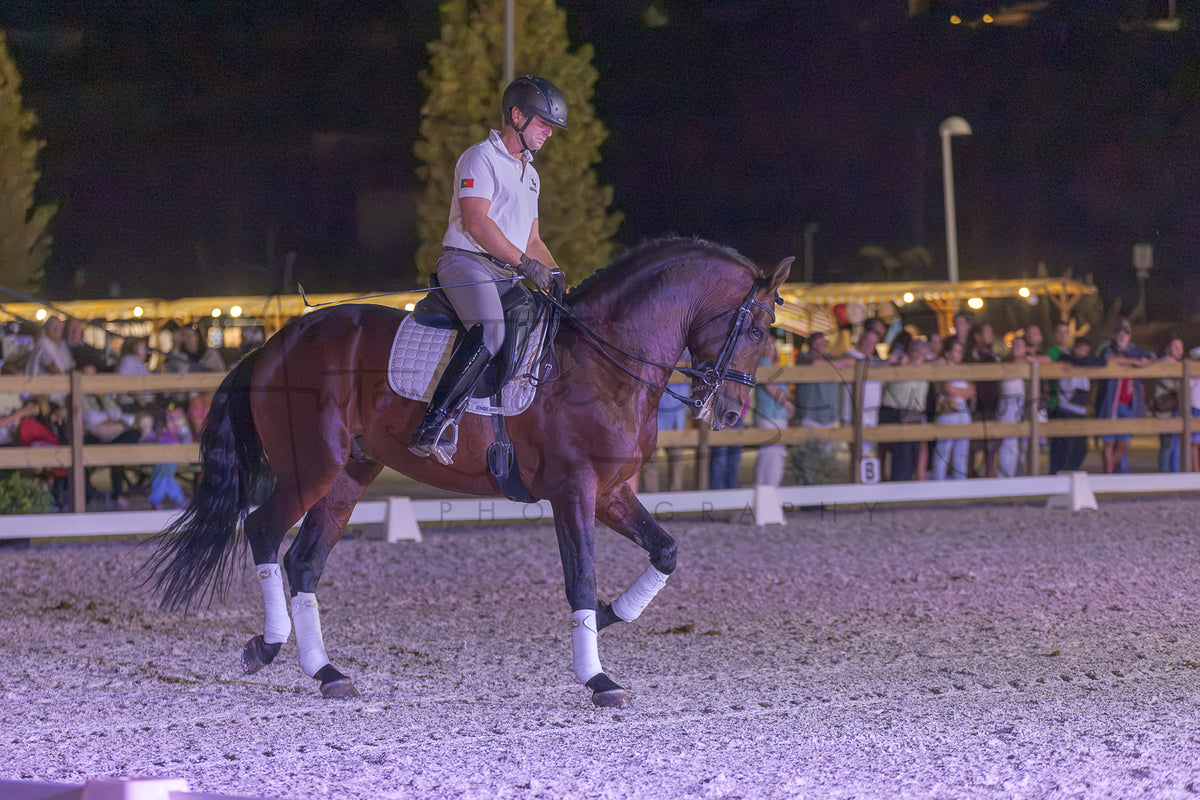 A rider in equestrian attire sits on a dark brown horse with white leg wraps inside an outdoor riding arena at night, with spectators visible in the background.