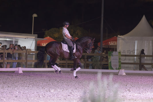 A dark brown horse with white leg wraps is being ridden by a person in formal equestrian attire inside an outdoor arena at night, with tents and spectators visible in the background.