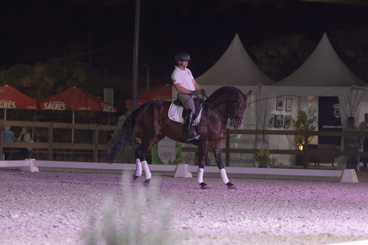 A dark brown horse with white leg wraps is being ridden by a person in a white shirt and black helmet inside an outdoor equestrian arena at night under event lighting. White tents and red branded umbrellas are visible in the background.
