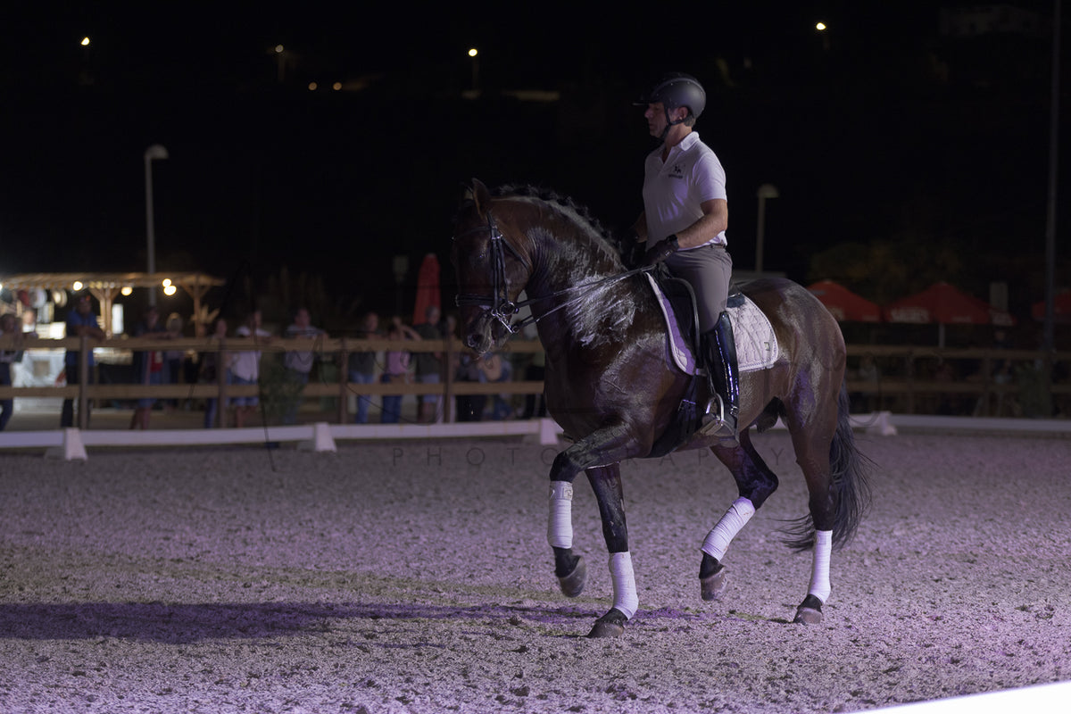 A dark horse with white leg wraps is being ridden by a person in equestrian attire inside an outdoor riding arena at night.