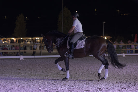 A dark brown horse with white leg wraps is being ridden by a person in a white shirt and gray breeches in an outdoor equestrian arena at night.