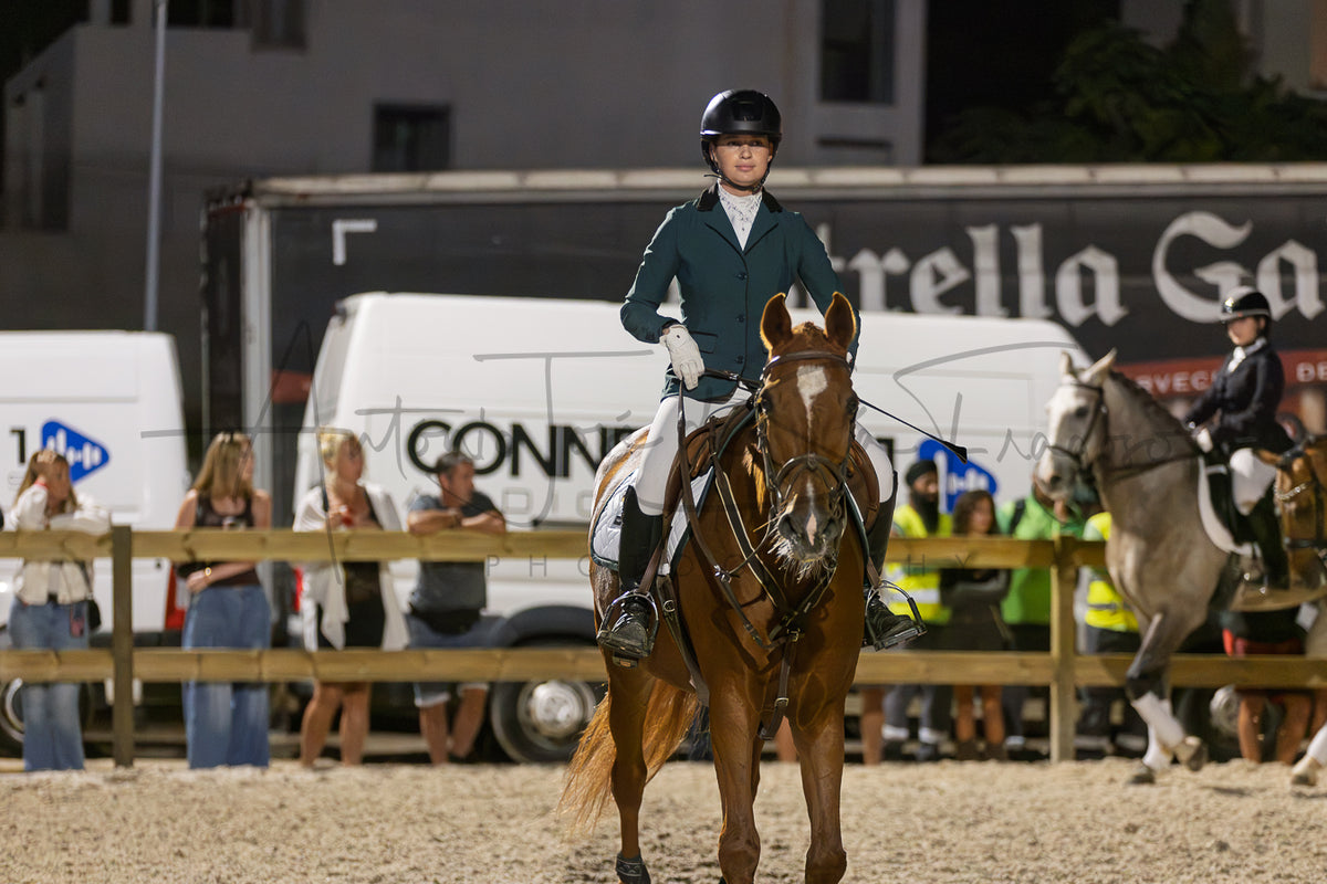 A rider in formal equestrian attire sits on a brown horse in an indoor arena, with spectators and other horses visible in the background at night.