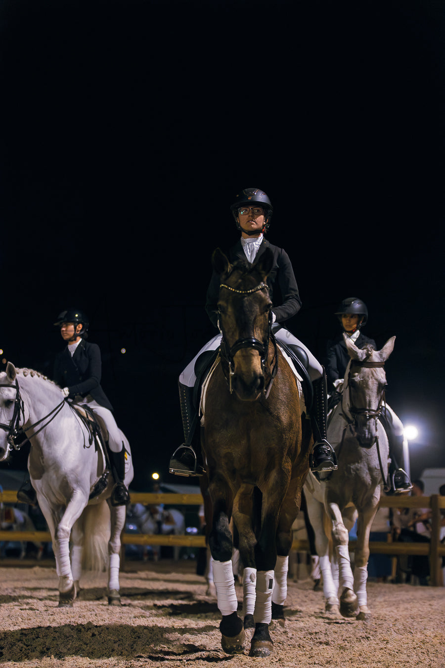 A night equestrian scene in an arena with riders on horseback. A central rider in black riding attire sits on a dark brown horse, with two other riders on white and gray horses behind them.