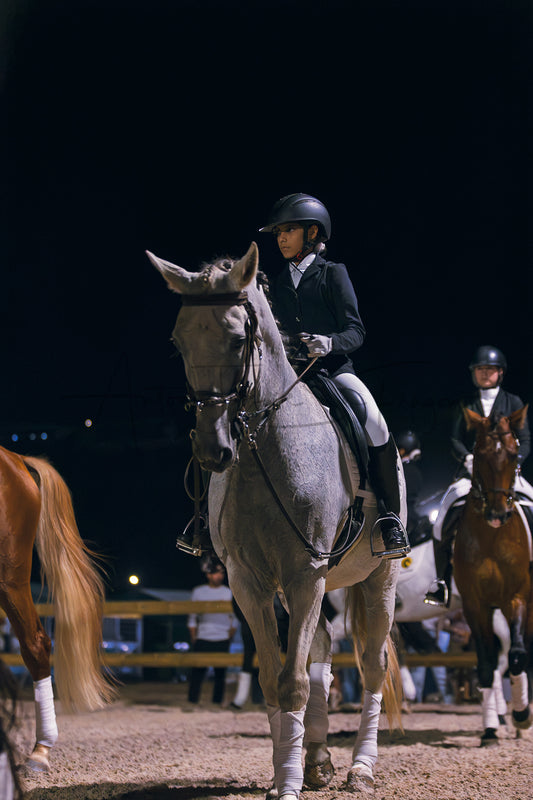 A rider in equestrian attire sits atop a light gray horse in an indoor arena at night, with other horses and riders visible in the background.