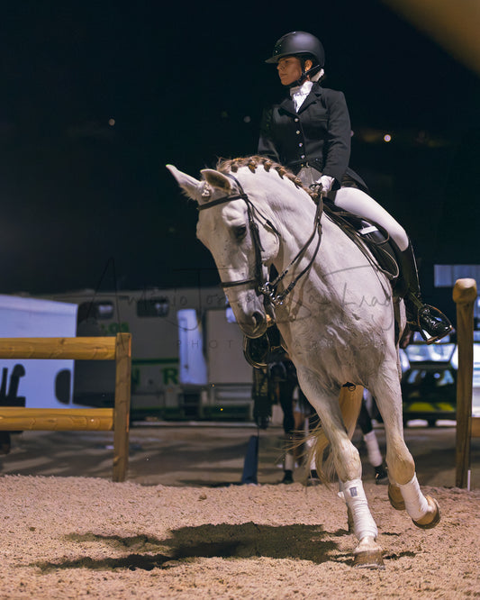 A rider in a black equestrian jacket, white breeches, and a black helmet rides a white horse during a night competition in an indoor arena.