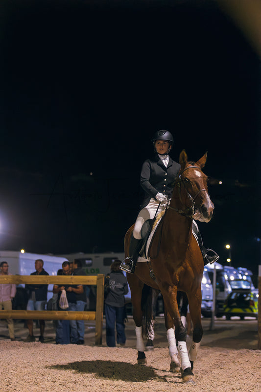 A rider in formal equestrian attire sits on a brown horse in an outdoor arena at night, with spectators and vehicles visible in the background.