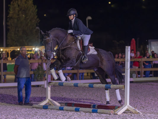 A horse rider on a dark horse jumps an equestrian obstacle in an outdoor night arena, with spectators and a man standing nearby.