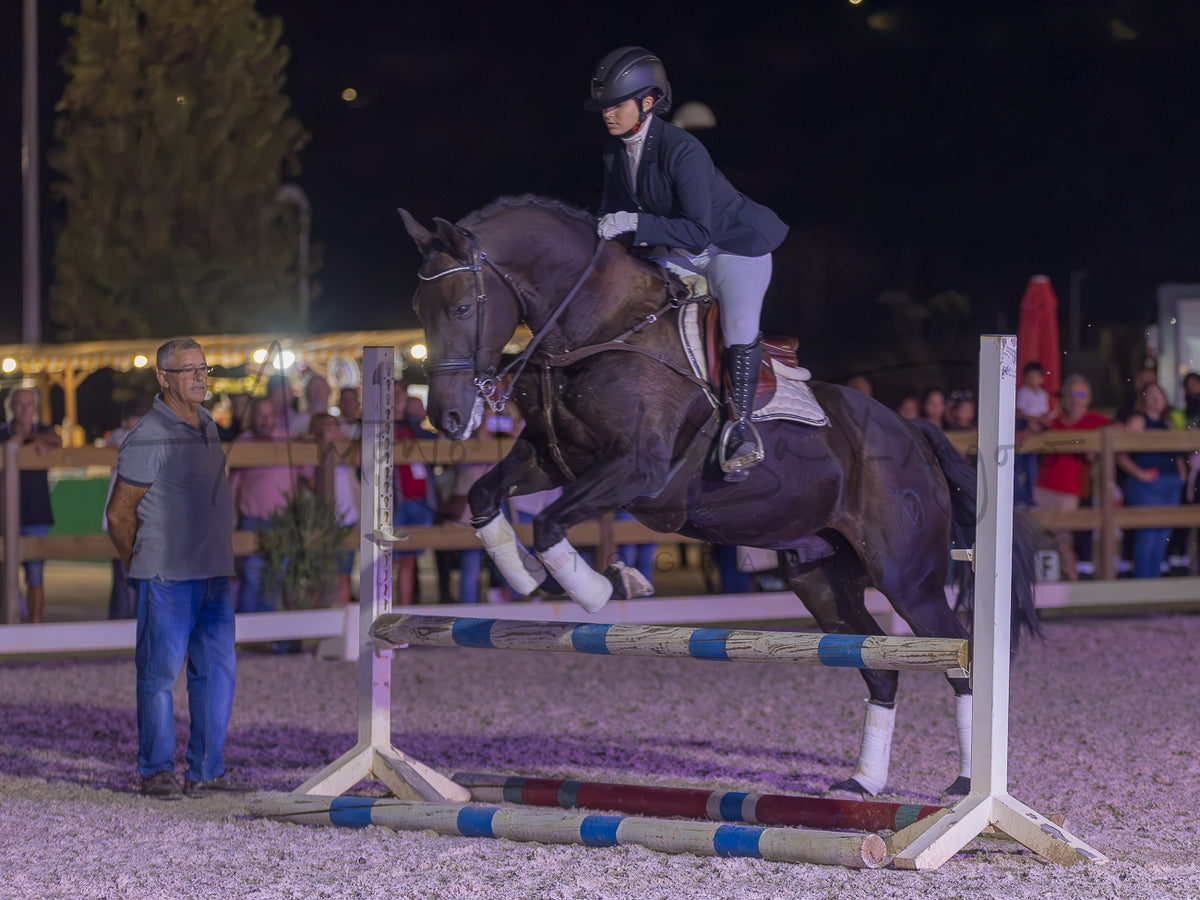 A dark brown horse jumps an equestrian obstacle at night in an outdoor arena, with a rider in formal equestrian attire and spectators in the background.