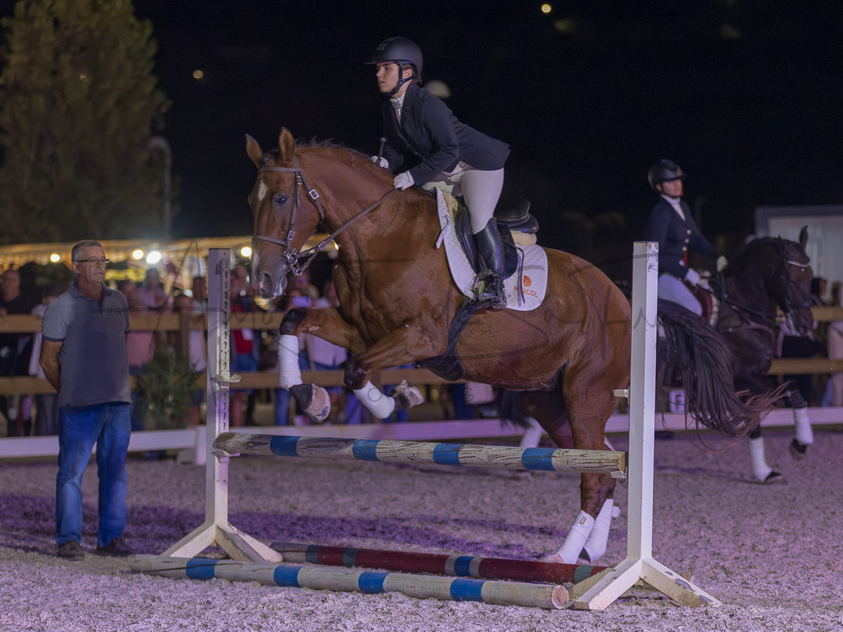 A horse show jumping competition at night in an outdoor arena, with a brown horse mid-jump under the light of stadium lights, a rider in black attire on the horse, another rider in the background, and a judge standing nearby.