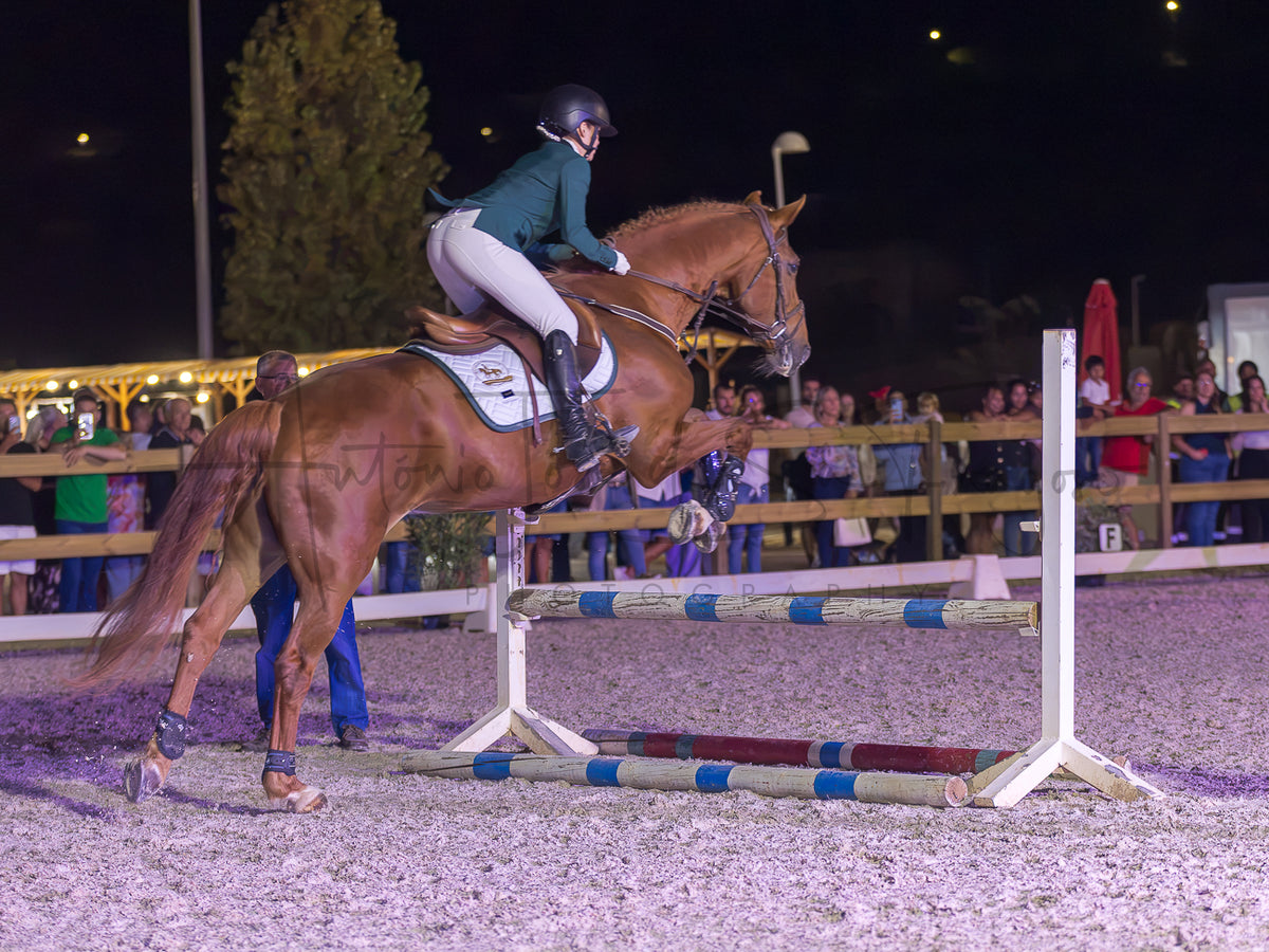 A horse rider in a green jacket and white breeches jumps a horse over a striped jump in an outdoor night equestrian arena, with spectators watching in the background.
