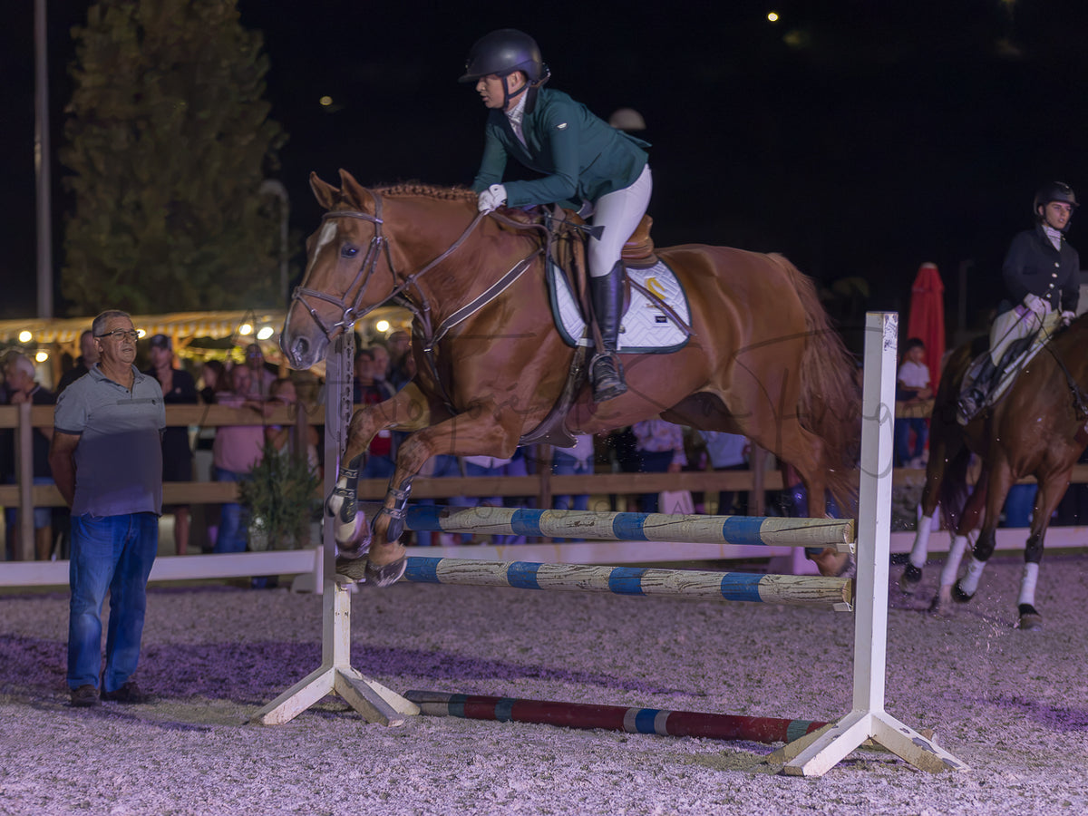 A horse rider on a brown horse jumps an equestrian obstacle at night in an arena, with spectators and another horse visible in the background.