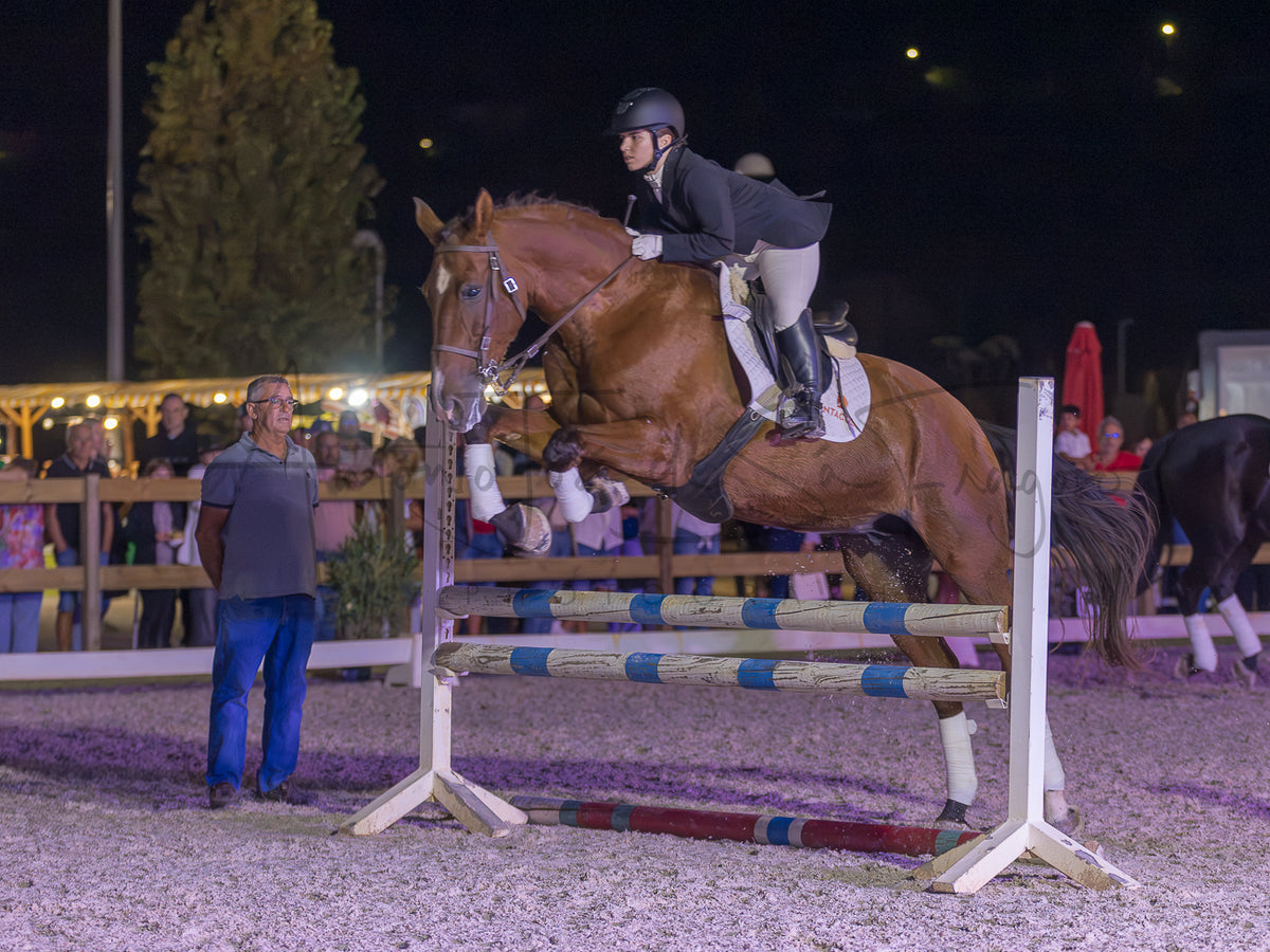 A horse rider in equestrian attire jumps a horse over an outdoor show jumping obstacle at night, with spectators and arena lights visible in the background.