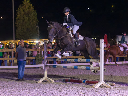 A horse show jumper in action at night, with a rider on a dark brown horse clearing a jump in an equestrian arena. Spectators and other horses are visible in the background under stadium lights.