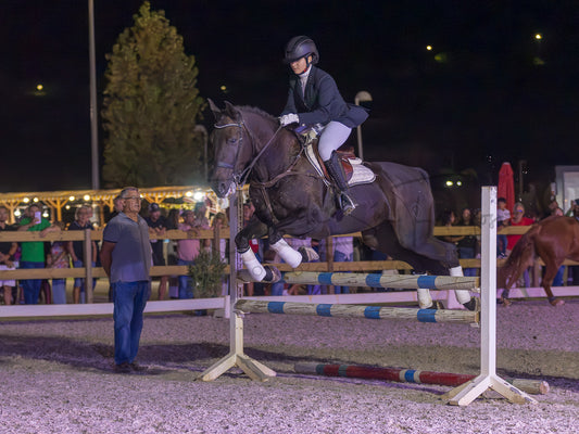 A dark brown horse jumps a white and blue show jumping obstacle in an outdoor night equestrian arena, with a rider in formal equestrian attire on board and spectators visible in the background.
