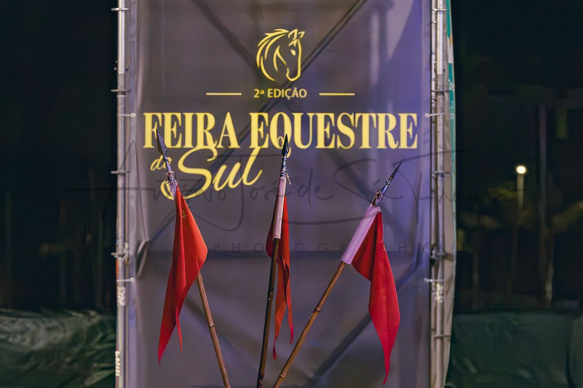 A large vertical banner for 'Feira Equestre do Sul' 2nd Edition, featuring a dark purple background with gold lettering and horse silhouettes. Several small red flags are attached to bamboo poles in front of the banner, set against a dark nighttime background.