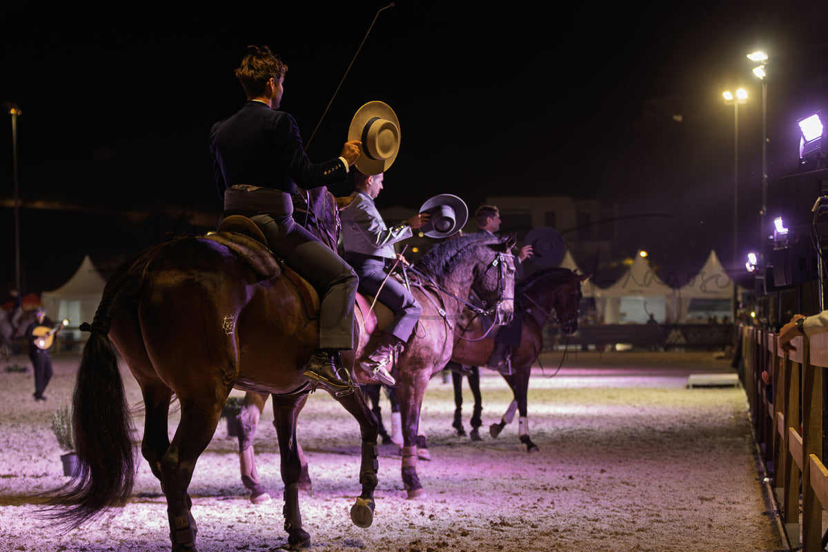 Riders on horseback at night in an outdoor arena, with one rider holding a lasso and another wearing a Portuguese Traditional hat. Bright stadium lights illuminate the sandy ground and tents in the background.