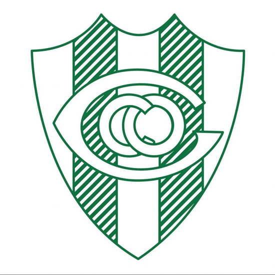 Green and white emblem with a shield shape and circular design, on a square background
