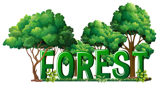 Green trees with the word 'FOREST' in the center on a white background
